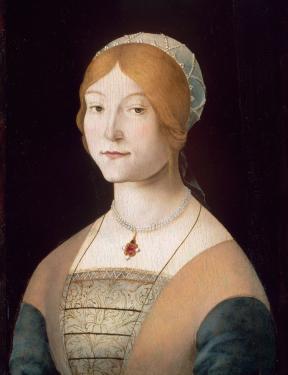 A portrait of a young woman in a dress wearing a pearl necklace; her red hair is mostly covered by an ornate cloth. 