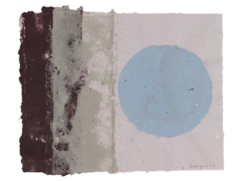 Abstract artwork: a square divided vertically into two halves—on the right-hand side, a gray-blue circle floats atop a slate-gray background; on the left-hand side, three vertical columns are ordered in progressively darker shades of gray from right to left