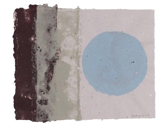 Abstract artwork: a square divided vertically into two halves—on the right-hand side, a gray-blue circle floats atop a slate-gray background; on the left-hand side, three vertical columns are ordered in progressively darker shades of gray from right to left