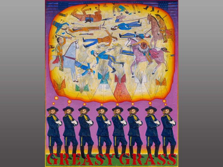 colorful mixed media painting with words Greasy Grass at the bottom