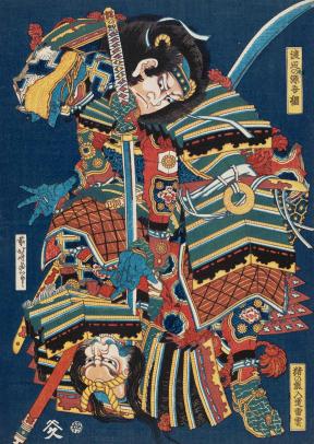 Two elaborately and colorfully-clad warriors engage in a battle of swords. 