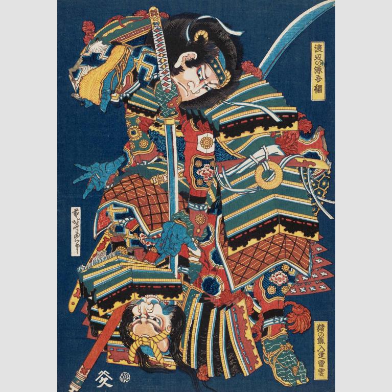 Two elaborately and colorfully-clad warriors engage in a battle of swords. 