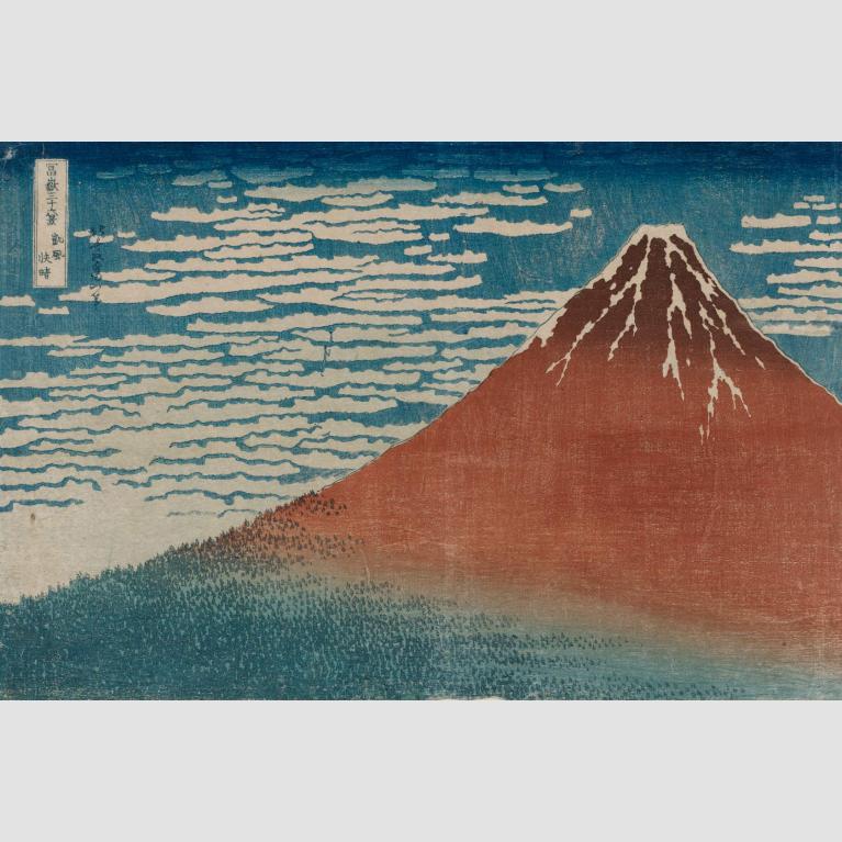 Print depicting a red mountain and blue sky with wispy clouds