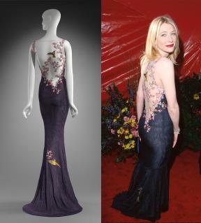 A composite image of a mannequin on the left wearing an elaborate open-back purple dress and Cate Blanchett on the right wearing the same dress to the 1999 Oscars. 