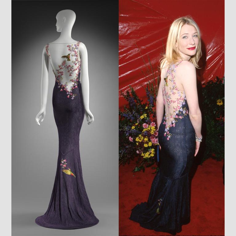A composite image of a mannequin on the left wearing an elaborate open-back purple dress and Cate Blanchett on the right wearing the same dress to the 1999 Oscars. 