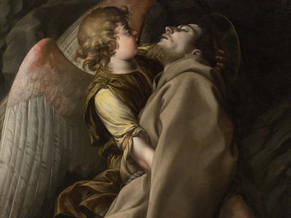 A weakened, fainting St. Francis is supported by an angel. 