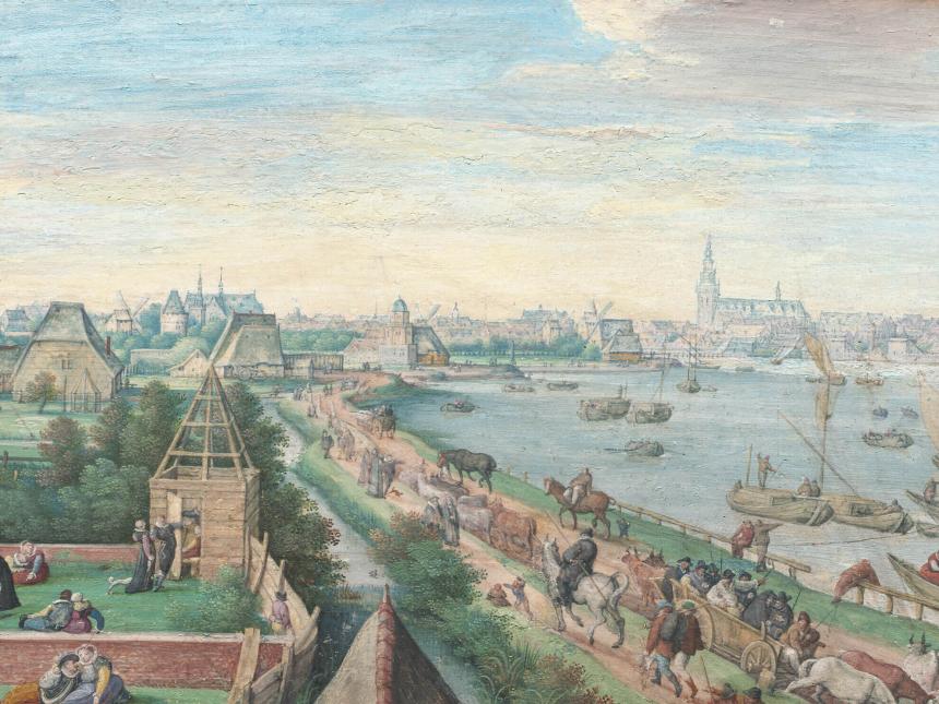 painting depicting busy road and river filled with carts and boats; situated next to the river is a small town with a large cathedral in the background