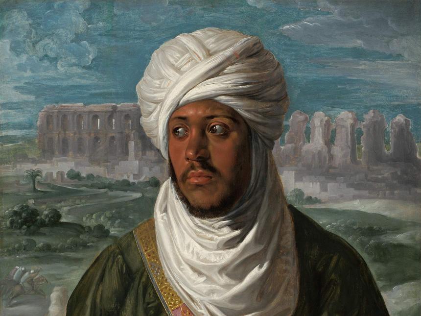 Portrait of a man wearing a turban and a sheathed sword