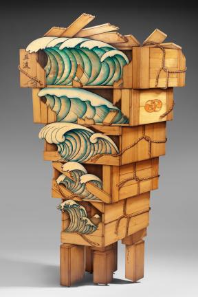 Five stacked wooden boxes with images of waves on the front--the largest one sits on top and each successive one getting progressively smaller.