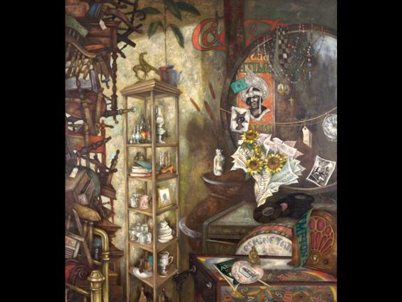 painting of an interior with a book shelf, stack of chairs, and other small trinkets