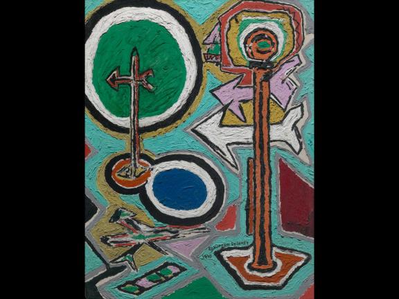 abstract painting with green and blue and arrows