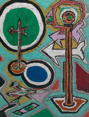 A colorful, abstract painting of a city's directional arrow sign