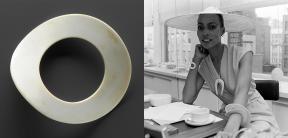 A composite of two images: one large ivory bracelet and model Naomi Sims wearing the bracelet at a lunch. 