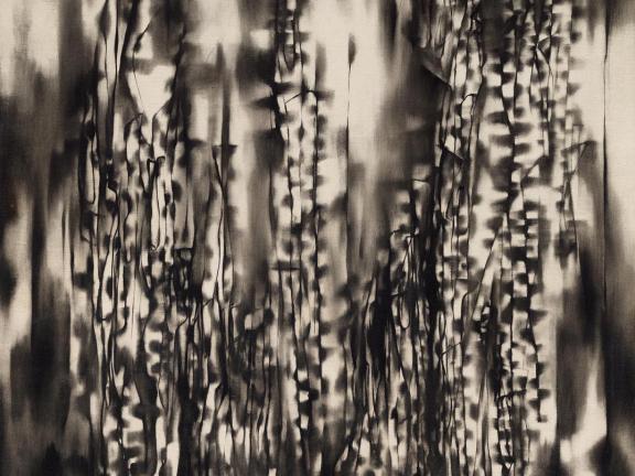 A painting of long, thin, black tendrils against a blurred background of black and white specs that bleed into one another.