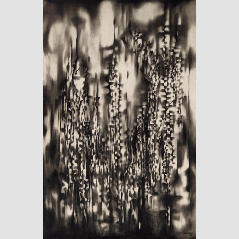 A painting of long, thin, black tendrils against a blurred background of black and white specs that bleed into one another.