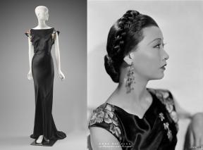 A composite image of a mannequin on the left wearing a shiny black gown and actress Anna May Wong on the right wearing the same gown as she poses for a portrait. 