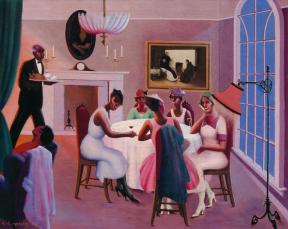 A painting of a group of five women laughing and drinking around a table while a butler moves in the background