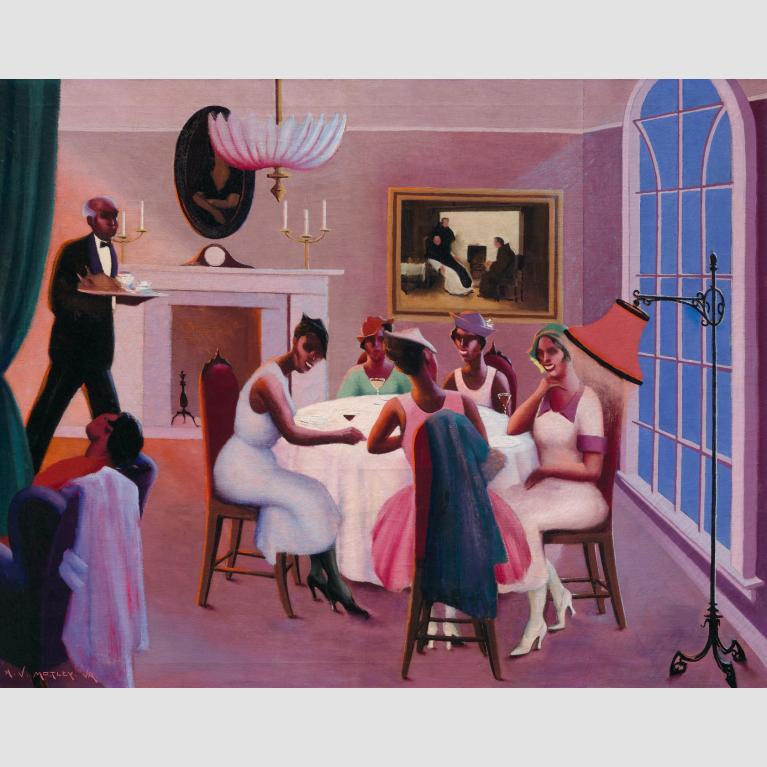 A painting of a group of five women laughing and drinking around a table while a butler moves in the background