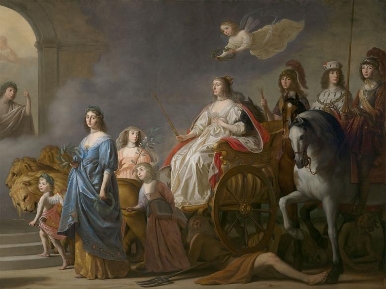 Oil painting of women, men, children, horses and a woman in a cart pulled by lions