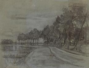 A charcoal drawing of trees lining a bend in a road.
