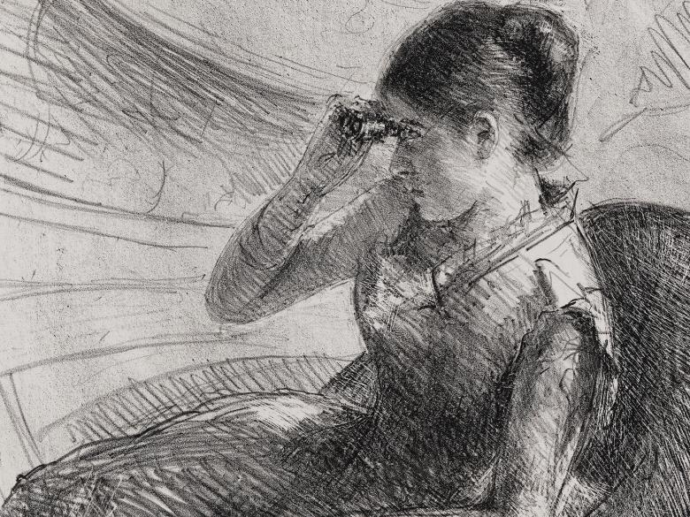 Lithograph of a woman seated in a loge