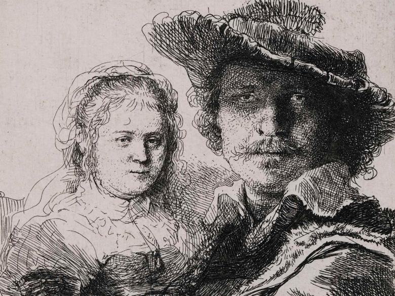 Self-portrait etching of Rembrandt with a woman beside him