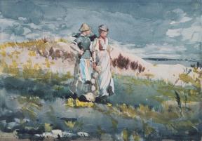 Watercolor painting depicting two women in dresses standing on grassy sand dunes and looking off frame.