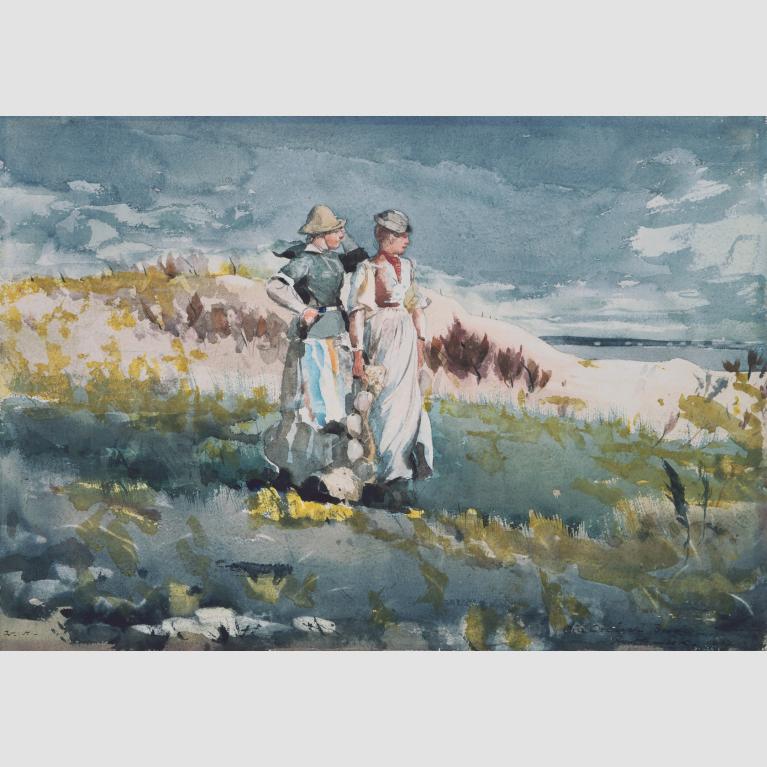 Watercolor painting depicting two women in dresses standing on grassy sand dunes and looking off frame.