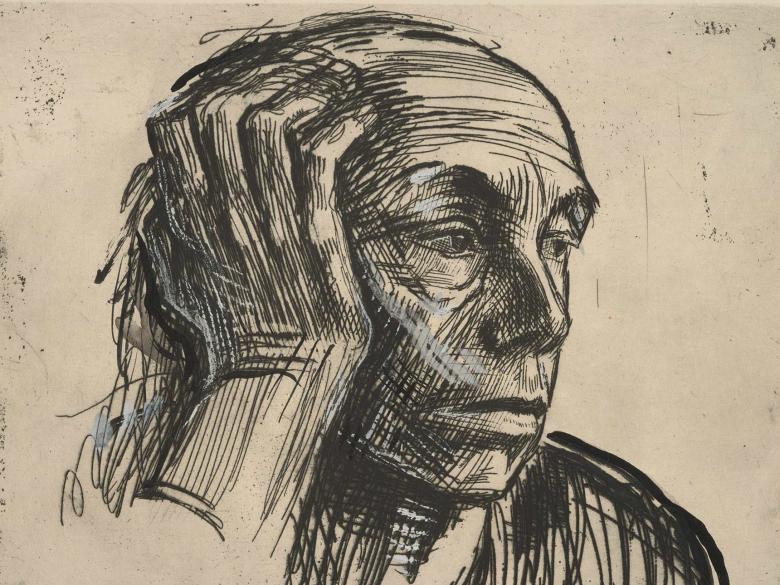 Etching of a man with his hand on the side of his face