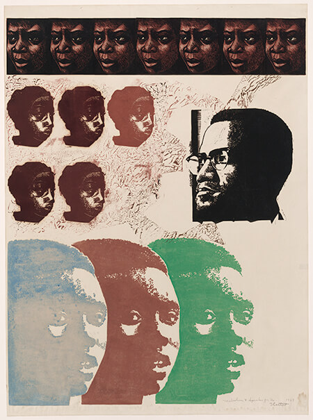 Various repeating faces and the face of Malcolm X.