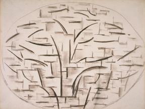 An abstract coal drawing of an apple tree.