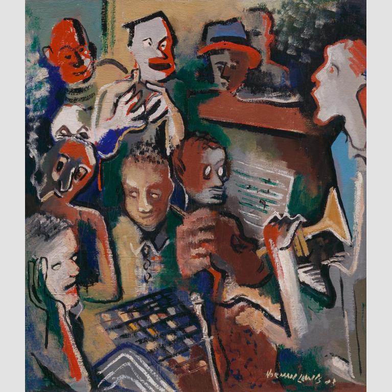 An abstract painting of a gathering of people playing instruments and listening to music