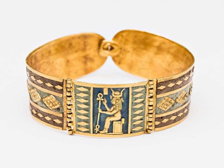 Bracelet with image of Hathor, Nubian, Meroitic Period, 250–100 BCE. Gold, enamel.