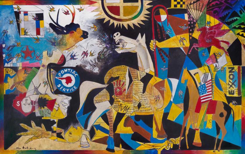 A colorful scene modeled after Picasso's 'Guernica.'