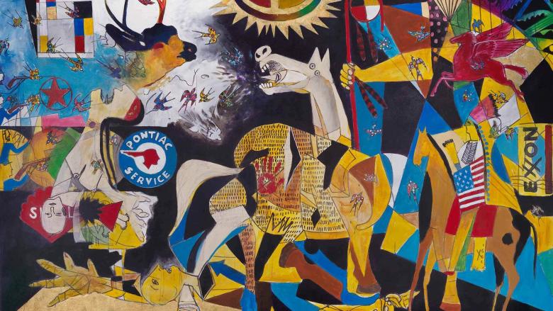 A colorful scene modeled after Picasso's 'Guernica.'
