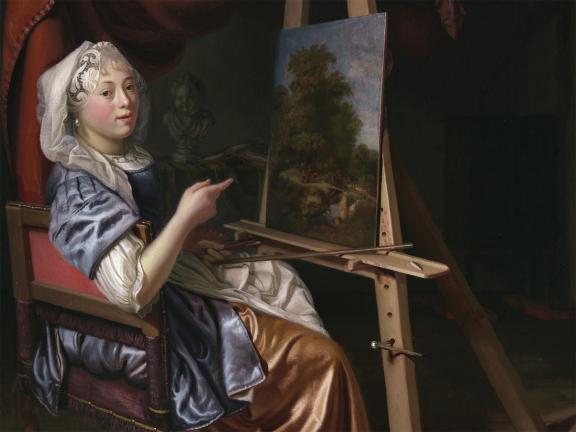 Detail of portrait of woman in a dress and head covering, seated in front of a landscape painting on an easel