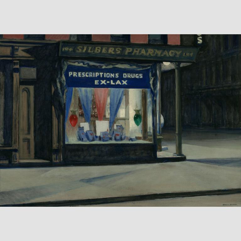 A painting of the facade of a corner drugstore at night with the sign "Silbers Pharmacy" outside and the sign "Prescriptions Drugs EX-LAX" hanging inside.