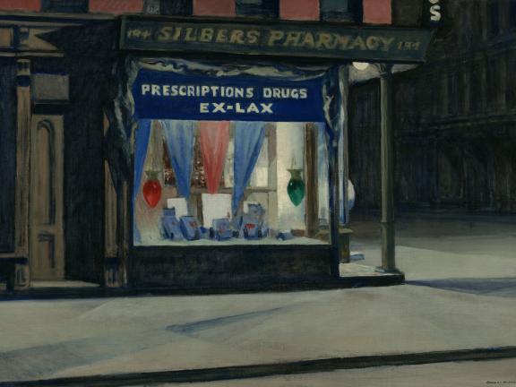 A painting of the facade of a corner drugstore at night with the sign "Silbers Pharmacy" outside and the sign "Prescriptions Drugs EX-LAX" hanging inside.
