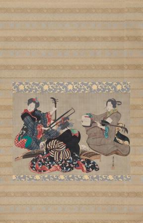 A hanging silk scroll depicting three women sitting and playing instruments. 
