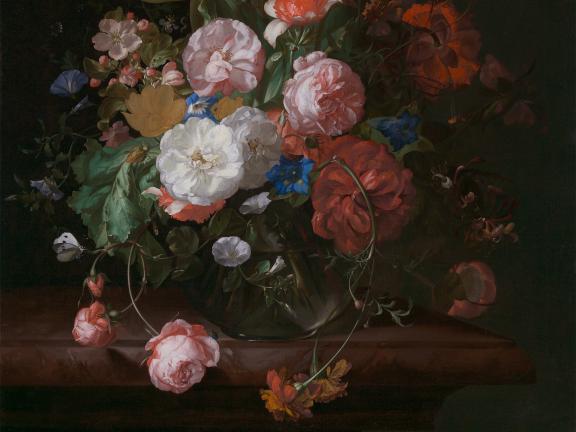 Oil painting of a still life with flowers