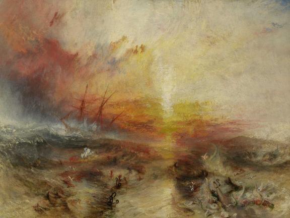 Impressionistic painting depicting sunset-lit ocean with tall sailing ship in the distance, and bodies and cargo floating in waves in foreground.