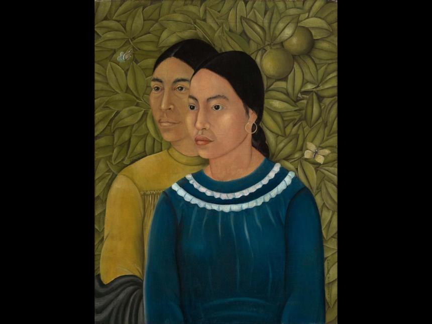Frida Kahlo portrait of two sisters, with leafy green background behind them