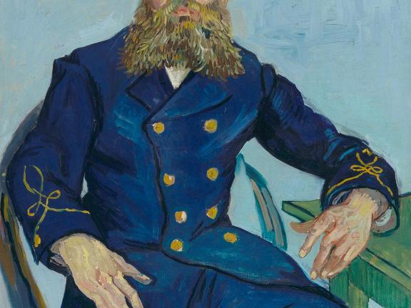 Colorful painting depicting a man with a blue hat that reads "Postes" and a long, curly grey beard.