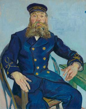 Colorful painting depicting a man with a blue hat that reads "Postes" and a long, curly grey beard.