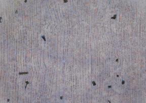 A gray-purple mixed media artwork with vertical lines and random black splotches.