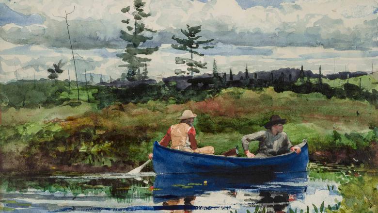 Two men sit in a blue rowboat that sits on still water amid a grassy landscape.