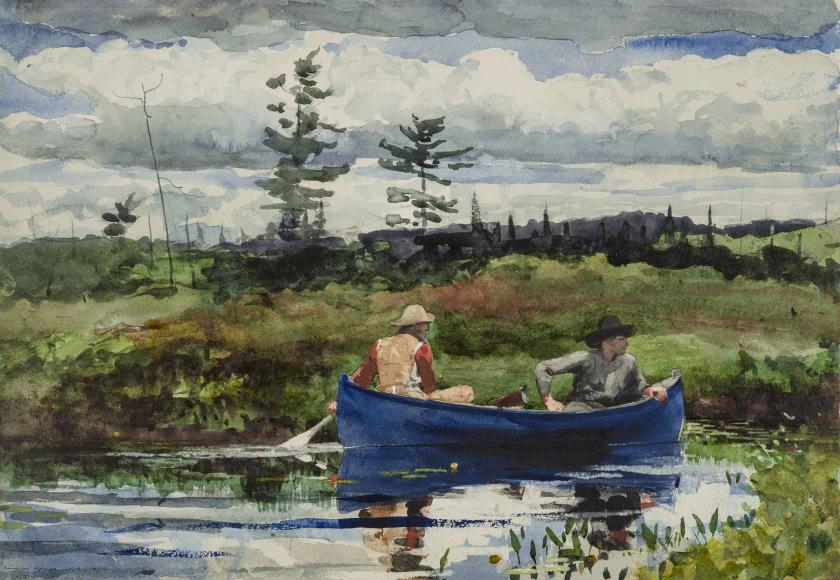 Two men sit in a blue rowboat that sits on still water amid a grassy landscape.