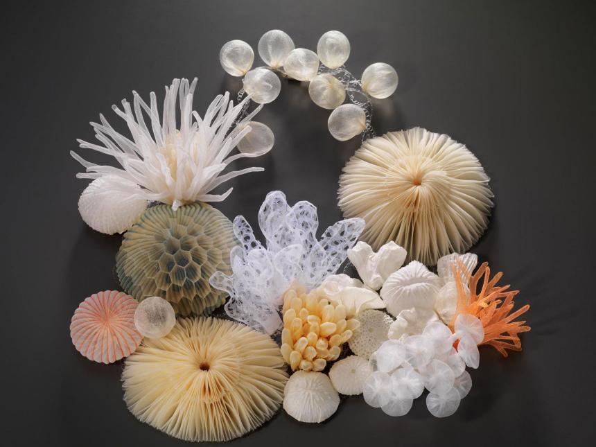 necklace with sculptural coral and sea anemone made with opaque and transparent material