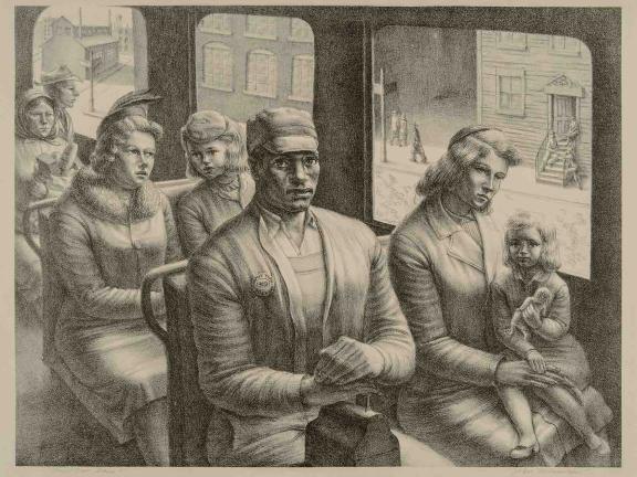 This print depicts a black man seated on a street car surrounded by white people 
