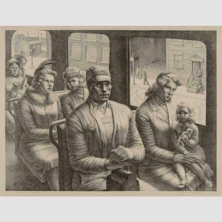 This print depicts a black man seated on a street car surrounded by white people 
